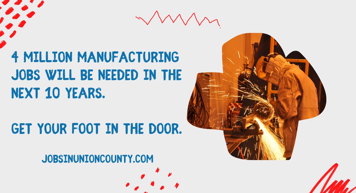 Over the next decade, firms will need to fill 4 million manufacturing jobs in the US. Get a head start on a great career by finding a job at a LOCAL company. jobsinunioncounty.com #MakeItInUC #UnionCountyNC #MFGDay23