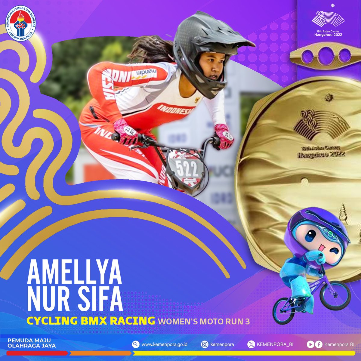 KEMENPORA_RI's tweet photo. MEDALI EMAS KEEMPAT UNTUK INDONESIA!!

Amellya Nur Sifa berhasil mempersembahkan medali emas bagi Indonesia di ajang Asian Games 2022 Hangzhou, dari cabor Cycling BMX Racing di nomor Women's Moto Run 3. https://t.co/EP9sjJILjV