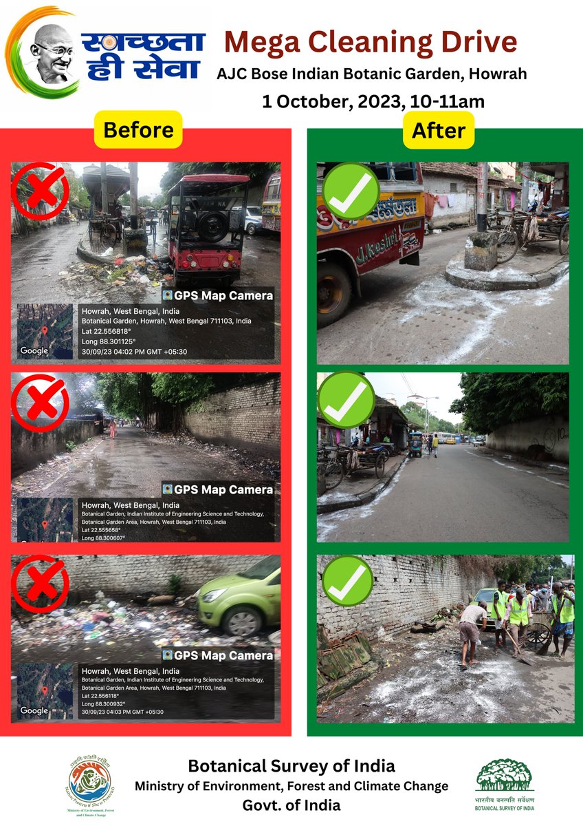bsi_moefcc's tweet photo. Result of Mega Cleaning Drive in the form of Before/After under #SwachhataHiSeva Campaign. 
More than 25 tons, of garbage has been collected and handed over to Municipal corporation Howrah. This is achieved with people's participation. 
#SwachhBharat 
#SwachhtaAbhiyan https://t.co/iGY0kBcLjS