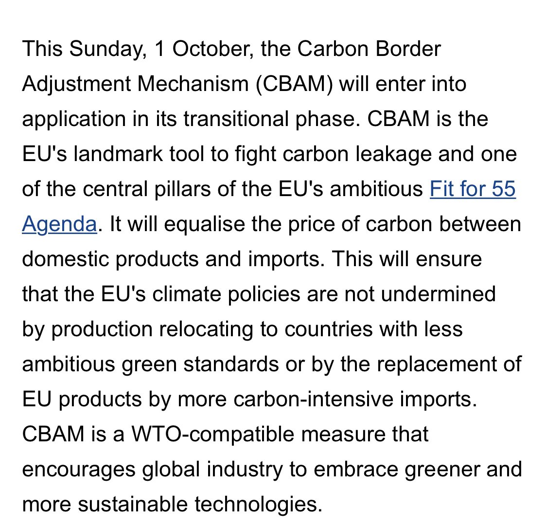 Today marks the launch of 🇪🇺 Carbon Border Adjustment Mechanism’s transitional phase

ec.europa.eu/commission/pre…

CBAM will affect global trade flows 🧑🏻‍✈️🏗 and inject momentum into Carbon pricing schemes 🌎