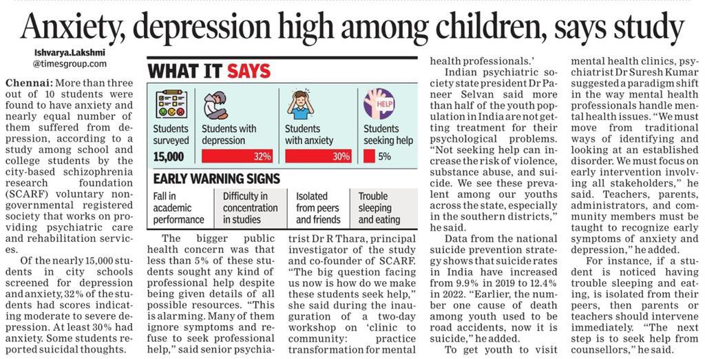 32% of #Chennai school students suffered from depression and 30% of them had anxiety, reports @ishvaryalTOI based on a study by Schozophrenia Research Foundation (SCARF). In a bigger concern, only 5% of them sought professional help. @TNDPHPM @Subramanian_ma @GSBediIAS…