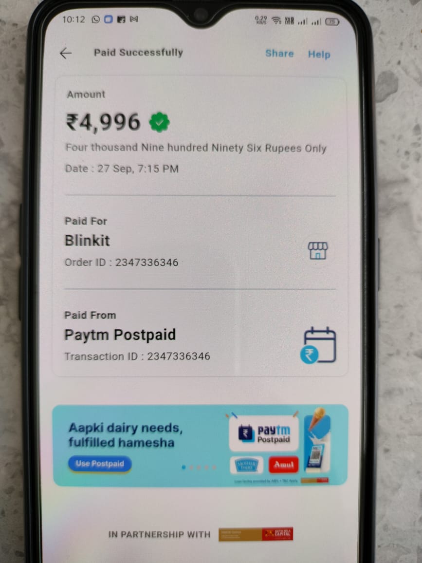 TheKaranTech's tweet photo. @letsblinkit hello sir mere saath froud transaction ho gya Paytm postpaid me please Stop this transaction and refund my postpaid money asap. https://t.co/aaVe5r2tYm