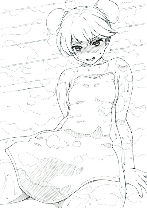 龍驤は「ま…まだ行けるで…」と頑張ってしまいそう。頭のアレが無くてさらにツインテをお団子にしたので龍驤と分かりにくいかも… #艦娘サウナ部 