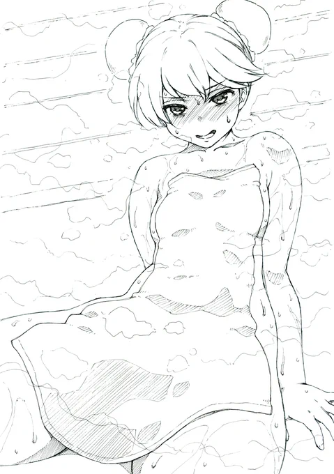 龍驤は「ま…まだ行けるで…」と頑張ってしまいそう。頭のアレが無くてさらにツインテをお団子にしたので龍驤と分かりにくいかも… #艦娘サウナ部