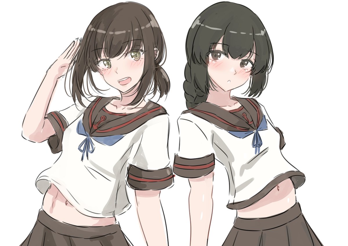 fubuki (kancolle) multiple girls 2girls black hair school uniform skirt braid sailor collar  illustration images