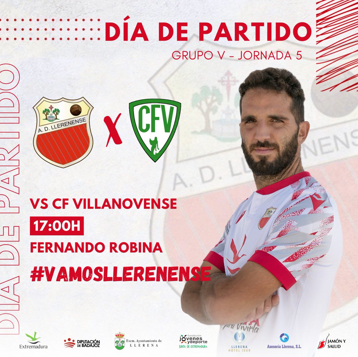 DÍA DE PARTIDO 

🏆 2ª RFEF - 🗓️ Jornada 5

🆚 <a href="/cfvillanovense/">C.F. Villanovense</a>
⏰ 17:00h
🏟️ Fernando Robina 
🎙️ <a href="/enjuegoCEX/">Extremadura en Juego</a> 
📺 <a href="/FootballClub/">FootballClub</a> 

😃 Bonito partido el de esta tarde en el que lucharemos junto a nuestra afición para conseguir los 3 puntos 💪

#VamosLlerenense ❤️🤍