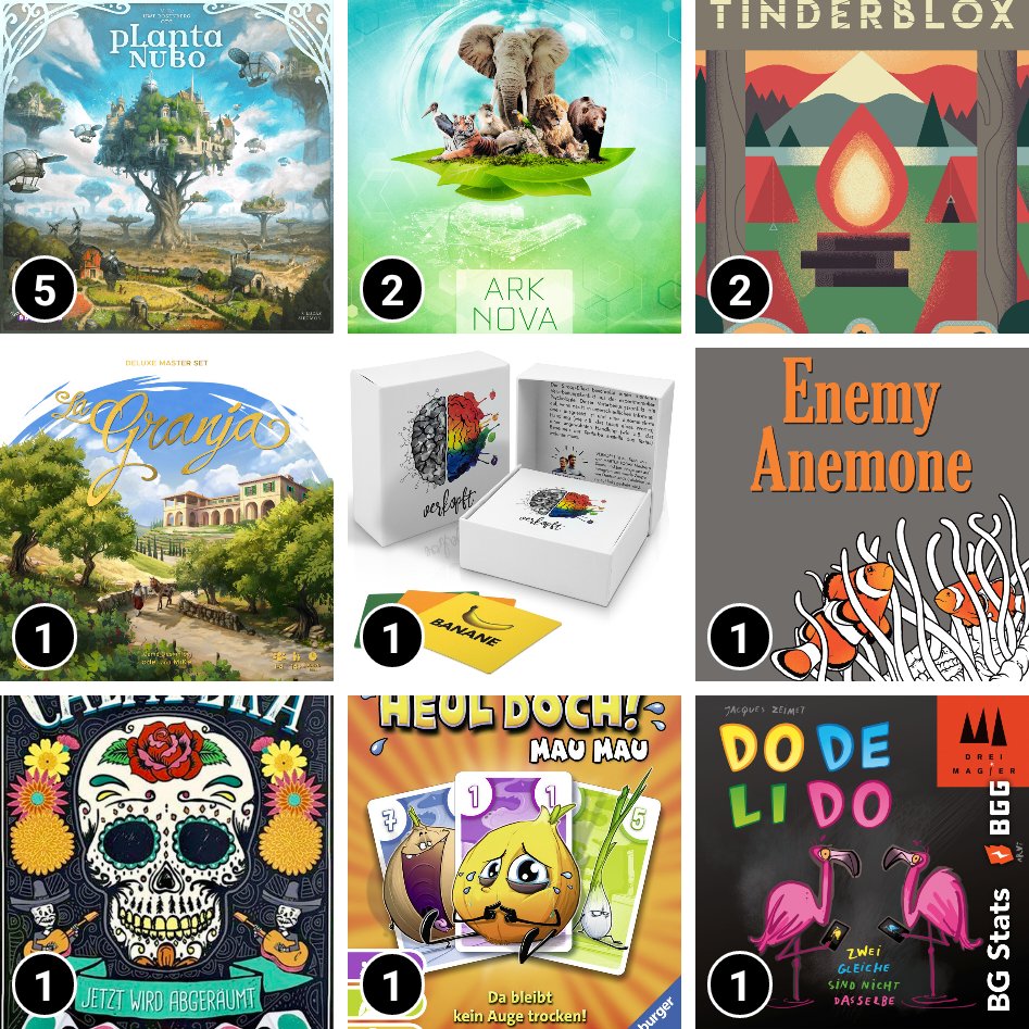 It's time for the #MonthlyPlays. A lot of preparing for #Spiel23 and smaller games besides that.

Any opinions? Please share!

#BGStats 3 x 3.

#PlantaNubo
#ArkNova
#Tinderblox
#LaGranja - Deluxe Master Set
#Verkopft
#EnemyAnemone
#Calavera
#HeulDochMauMau
#Dodelido