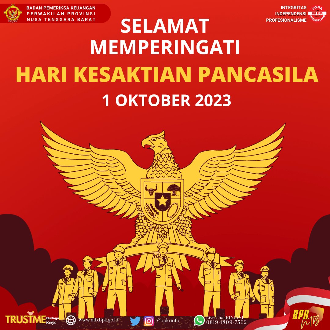 bpkrintb's tweet photo. Selamat memperingati hari
Kesaktian Pancasila, Semeton BPK NTB

Lewat Pancasila, kita yang terdiri beragam suku, budaya, bahasa dan agama dapat bersatu dalam satu atap, INDONESIA 💪😊

#bpkri #bpkrintb #trustme #kesaktianpancasila https://t.co/M54pfU6wZA