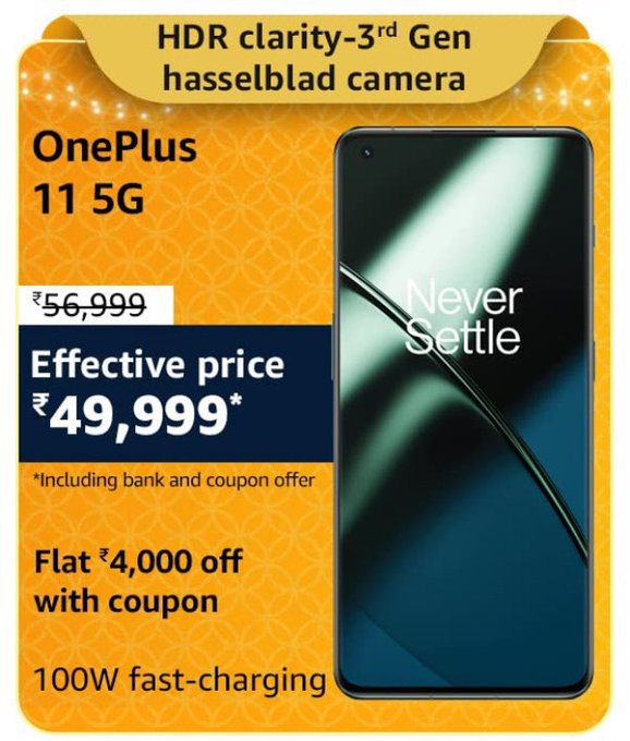 DealBeeOfficial's tweet photo. OnePlus 11 5G Sale Price Revealed!
₹49,999 with Coupon & SBI Offer
https://t.co/58cAVS2Rua
Credits : @Ariyen34
#AmazonGreatIndianFestival #OnePlus11 #OnePlus115G https://t.co/2IXesOQAZF