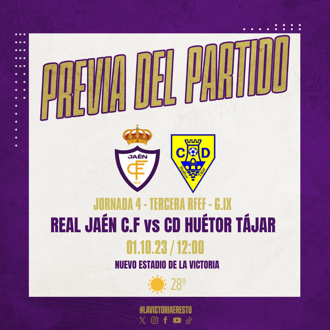 Real Jaén C.F 🆚 C.D Huétor Tájar

⏰ 12:00 | ☀️ | 28º
🏟️ Nuevo Estadio de La Victoria
🏆 Jornada 4 de Liga
📺 TDT 7 TV Jaén
📺 realjaen.webdirecto.com
📻 Radio Y Punto Jaén
📻 Canal Lagarto
📻 Radio Guadalquivir

#RealJaenHuetorTajar | #J4tercera | #Directo