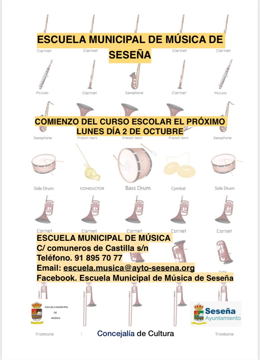 Recordamos que mañana LUNES, día 2 de octubre, comienza el curso escolar en la Escuela Municipal de Música.
Temporada musical en la que se impartirán clases de música y movimiento, lenguaje musical, flauta, clarinete, saxofón, trompeta, trombón, tuba, Percusión, Piano o Guitarra.