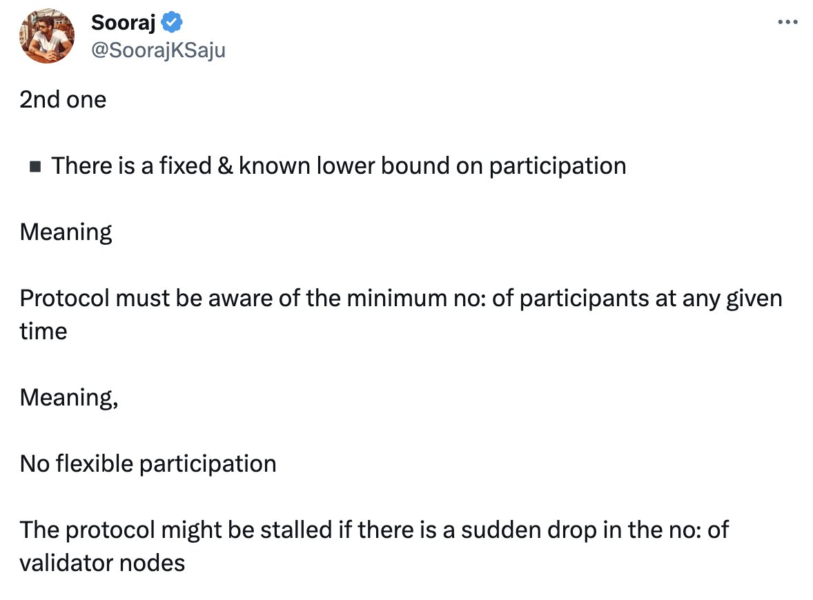 SoorajKSaju's tweet photo. #Cardano stalled and hit a brief pause begining of this year

but that's not a bug, it's a feature!

It's how the system is set up to work with its current rules of Ouroboros Praos

Let's dig in👇

Ouroboros Praos employs a checkpoint system to prevent long range attacks and maintain the blockchain's integrity.

New parties joining the network require guidance from trusted nodes to synchronize.

While not ideal for decentralization, this is how the system operates presently.

So, why did it stall?

The protocol demands a minimum number of nodes to function.

When this number decreased abruptly, as occurred when over half the nodes went offline due to a bug-triggered event, the system was forced to stall. 

Upon the nodes' return to operational status, the protocol resumed and began generating new blocks.

This is where we should talk about Dynamic Availability  

Dynamic availability is a feature that allows nodes to join or leave a network freely without causing disruption, offering greater flexibility.

However, due to the limitations just outlined, Cardano's existing consensus protocol does not support dynamic availability. 

But this is common trait for all the existing PoS blockchain & Cardano's not alone.

Take Algorand as an example: if more than 30% of its nodes were to suddenly go offline, the system would stall, paralleling what happened with Cardano.

This is a common limitation among all existing PoS blockchains. 

But Bitcoin is another story

Even when China kicked out all the miners and the number of nodes plummeted, Bitcoin kept on ticking. Because PoW nakamot consensus enable dynamic availability

Ouroborus genesis upgrade

This capability is coming to #Cardano through the Ouroborus genesis upgrade, its not coming soooon, but its part of the roadmap

Here's my take on the whole thing👇 

https://t.co/iytpXeM6ab