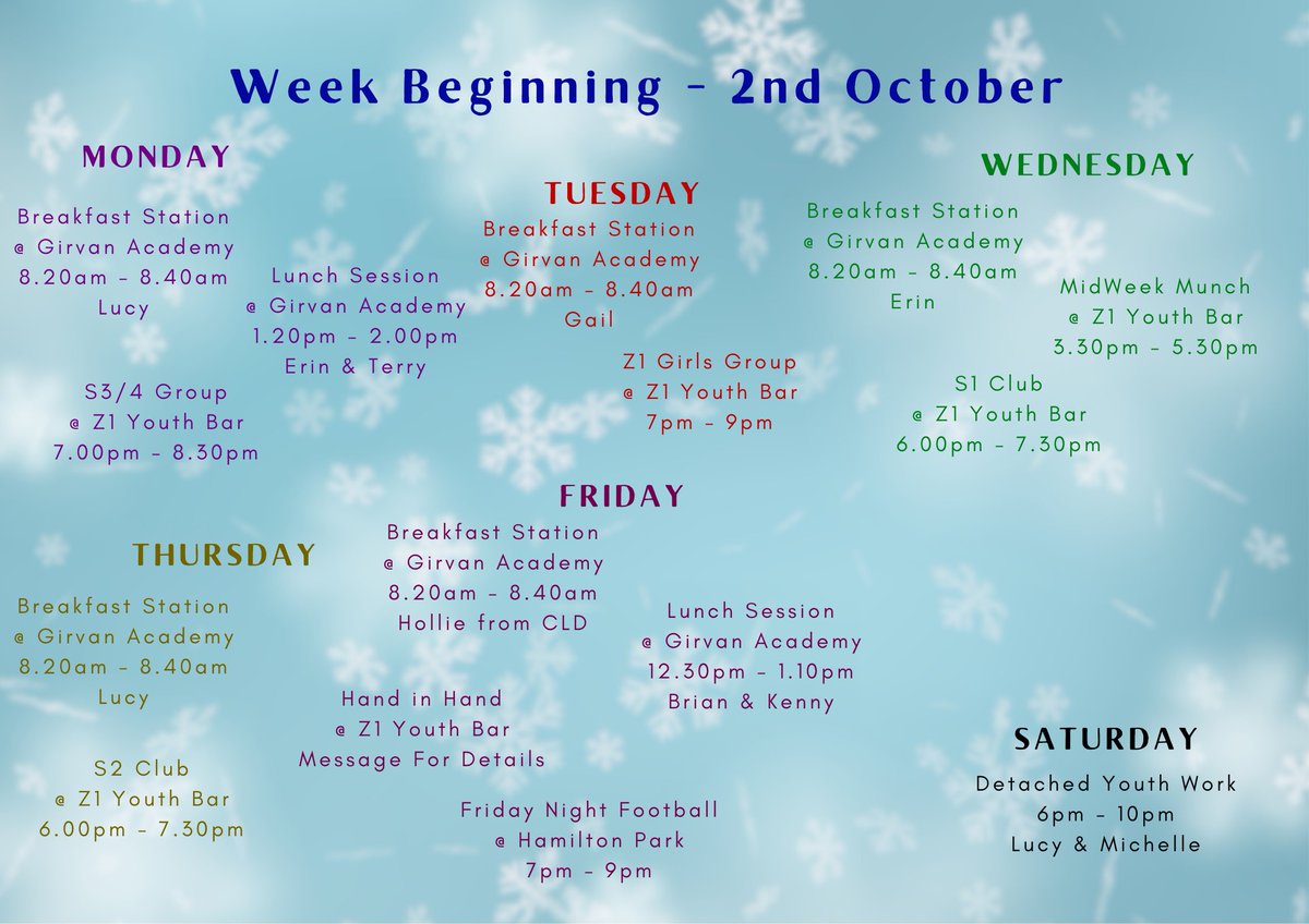 Youth Work Programme for week beginning 2nd October ⬇️ 

We've also got a visit to <a href="/RoystonYouthAct/">Royston Youth Action</a>, <a href="/Fearless_Scot/">Fearless Scotland</a> Celebration Event as well as our usual one to one's, community meetings and lots more! #TeamGYT