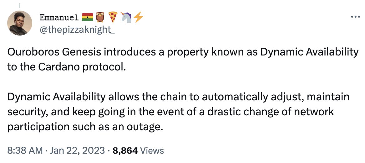 SoorajKSaju's tweet photo. #Cardano stalled and hit a brief pause begining of this year

but that's not a bug, it's a feature!

It's how the system is set up to work with its current rules of Ouroboros Praos

Let's dig in👇

Ouroboros Praos employs a checkpoint system to prevent long range attacks and maintain the blockchain's integrity.

New parties joining the network require guidance from trusted nodes to synchronize.

While not ideal for decentralization, this is how the system operates presently.

So, why did it stall?

The protocol demands a minimum number of nodes to function.

When this number decreased abruptly, as occurred when over half the nodes went offline due to a bug-triggered event, the system was forced to stall. 

Upon the nodes' return to operational status, the protocol resumed and began generating new blocks.

This is where we should talk about Dynamic Availability  

Dynamic availability is a feature that allows nodes to join or leave a network freely without causing disruption, offering greater flexibility.

However, due to the limitations just outlined, Cardano's existing consensus protocol does not support dynamic availability. 

But this is common trait for all the existing PoS blockchain & Cardano's not alone.

Take Algorand as an example: if more than 30% of its nodes were to suddenly go offline, the system would stall, paralleling what happened with Cardano.

This is a common limitation among all existing PoS blockchains. 

But Bitcoin is another story

Even when China kicked out all the miners and the number of nodes plummeted, Bitcoin kept on ticking. Because PoW nakamot consensus enable dynamic availability

Ouroborus genesis upgrade

This capability is coming to #Cardano through the Ouroborus genesis upgrade, its not coming soooon, but its part of the roadmap

Here's my take on the whole thing👇 

https://t.co/iytpXeM6ab