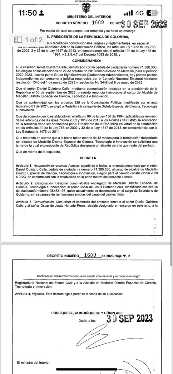 santiagoangelp's tweet photo. #ATENCIÓN Como lo dijimos esta mañana, el nuevo alcalde de Medellín encargado es el secretario de Hacienda, Óscar Hurtado. El decreto fue firmado por el presidente Gustavo Petro. https://t.co/6rUqrTU6qb