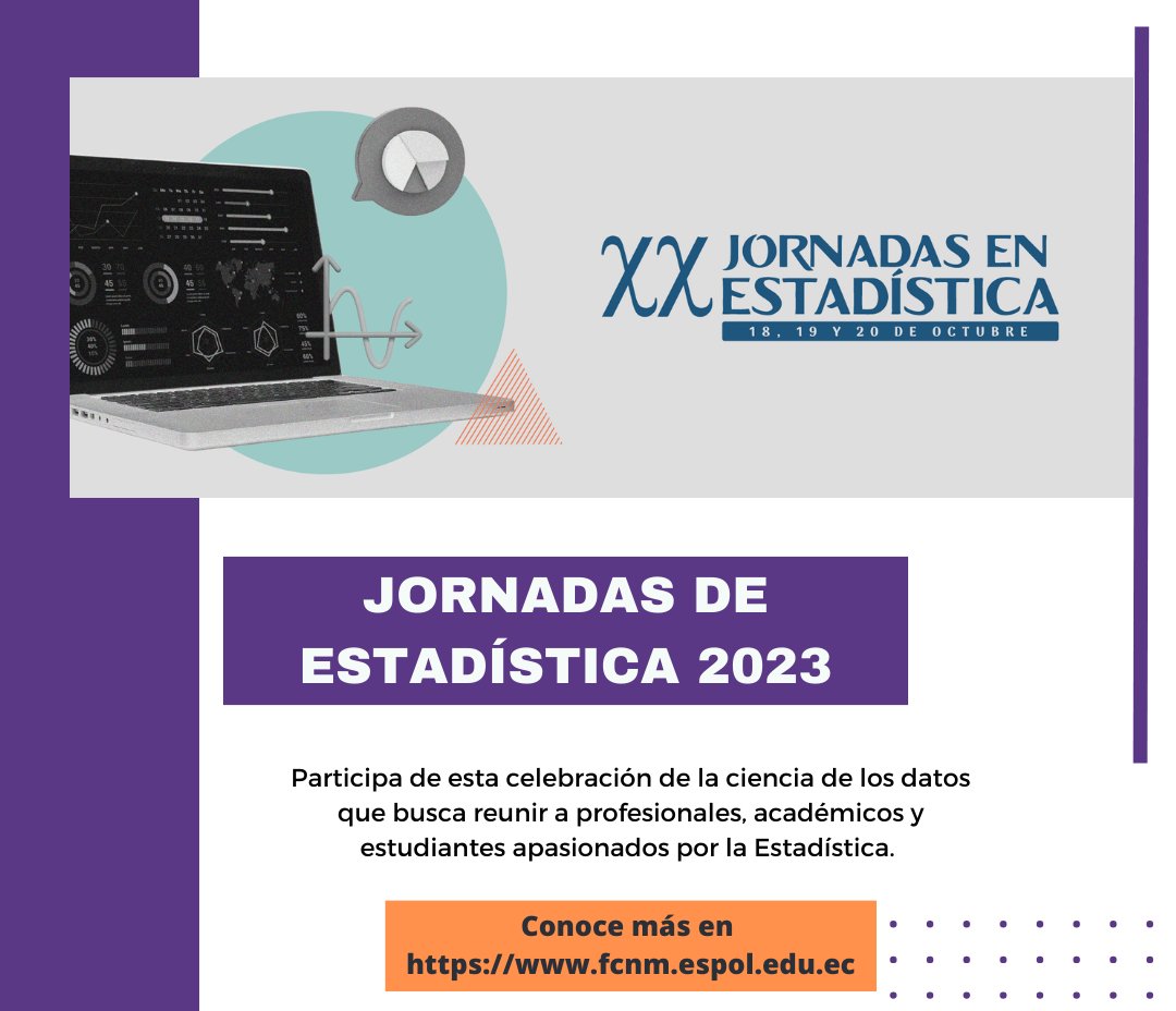 Cordial invitación 📣 👨‍💼👩‍💼
Sé parte de las actividades planificadas para las Jornadas de Estadística que organiza la <a href="/FCNM_Espol/">Facultad de Ciencias Naturales y Matemáticas</a> 
Más detalles en lc.cx/ZNGzJJ