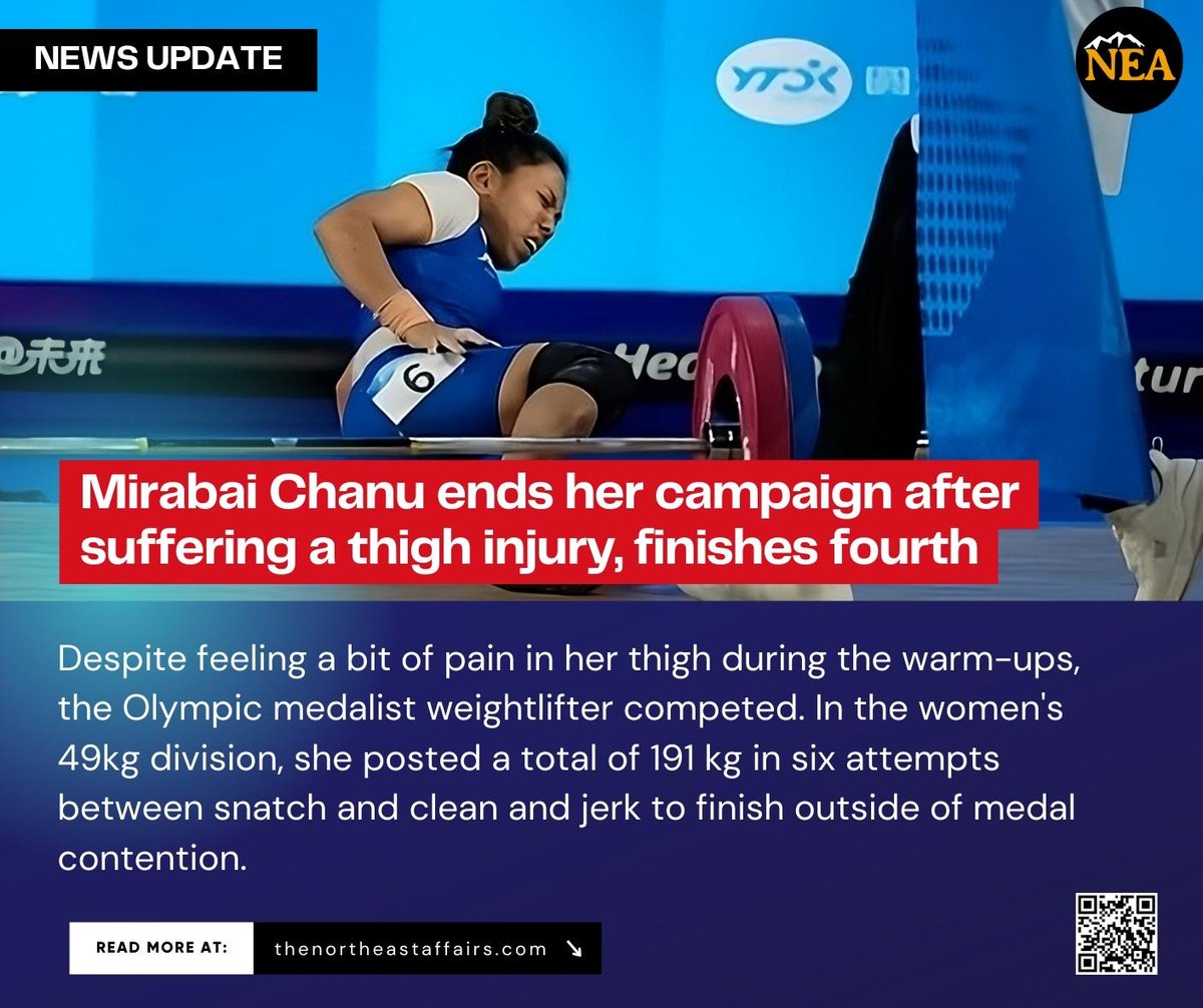 The_Angom's tweet photo. #BREAKING Olympic medalist Mirabai Chanu suffers thigh Injury at #AsianGames2022 wishing her for a speedy recovery. 🙏 

Let's Pray For Her! Proud #Manipur #MirabaiChanu 

#AsianGames2022 #AsianGames2023 
#Hangzhou #AsianGames https://t.co/FyqKSGNjbM