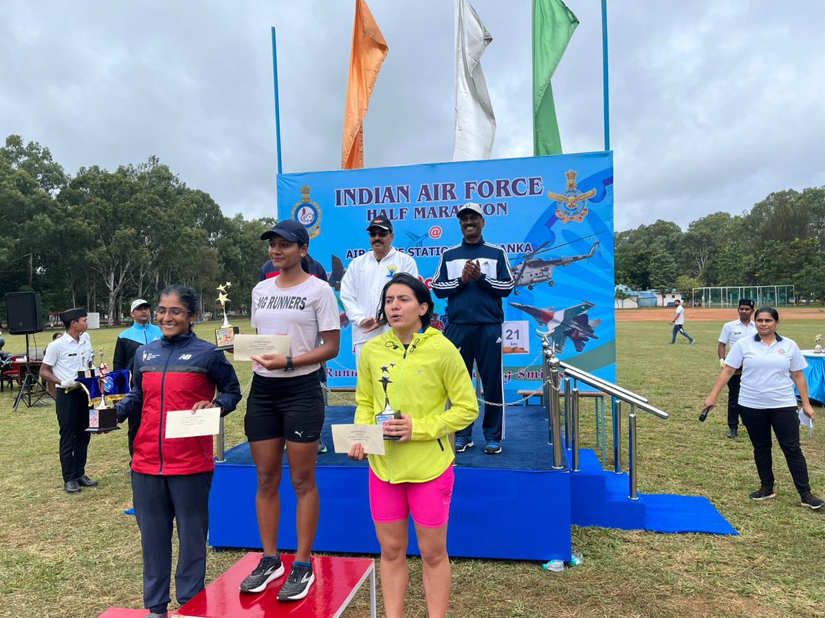 To commemorate the 91st anniversary of IAF, a half marathon was organised today at Air Force Station Yelahanka. Top finishers in various categories were given trophies &amp; cash prizes by Air Marshal SK Indoria, Senior Air Staff Officer Training Command. 1/2
