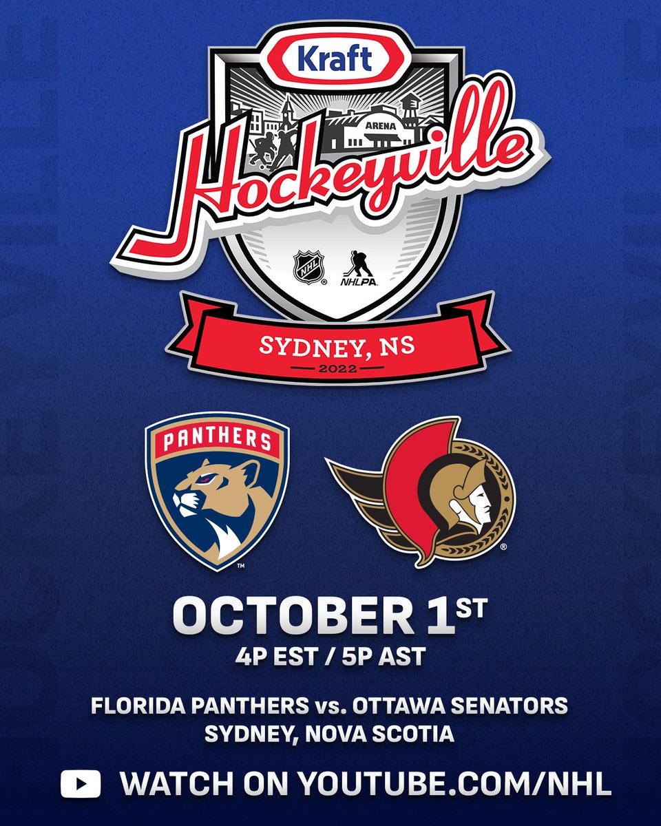 Don't miss the @FlaPanthers and @Senators in Sydney, Nova Scotia for @hockeyville at 4p ET! #KraftHockeyville
