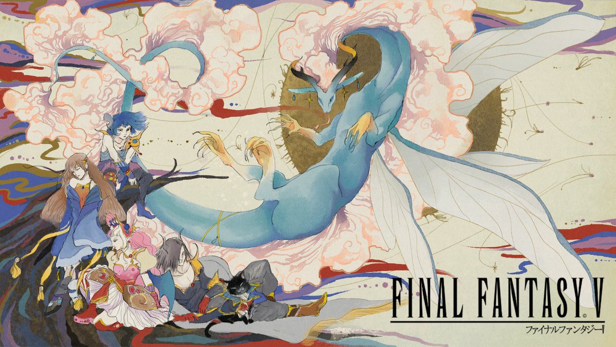 yuuticio's tweet photo. It's a title card for FFV, starring Rata and all his lovely artists! For this, I tried my best to pay homage to the incredible work of Yoshitaka Amano!
Top to bottom:
@CloudsofNyxx
@NezukouRata
@DJKona_
@lilithvanille
Putri (handle?)
And me! #ArtsofNyxx #fancyRata #djkonaillust https://t.co/dkxBQNFmEa