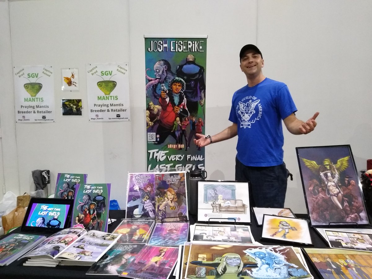 jeiserike's tweet photo. HorrorConLA day 1! Thanks to all who checked out THE VERY FINAL LAST GIRLS and CHARM CITY... and, yes, the dudes next to me were selling live Mantises. (I may have had to look up the plural for "mantis"). https://t.co/Eo5O47fhYF