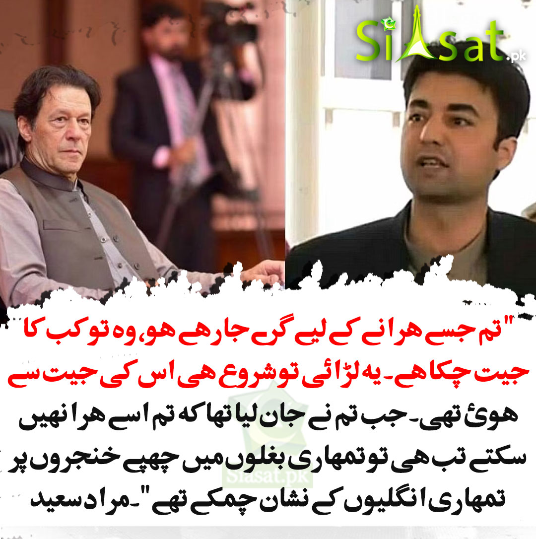 "تم جسے ہرانے کے  لیے گرے جارہے ہو، وہ تو کب کا جیت چکا ہے۔ یہ لڑائی تو شروع ہی اس کی جیت  سے ہوئ تھی۔ جب تم نے جان لیا تھا کہ تم اسے ہرا نہیں سکتے تب ہی تو  تمہاری بغلوں میں چھپے خنجروں پر تمہاری انگلیوں کے نشان چمکے تھے"۔مراد  سعید

" کل تک جنہیں تم پیٹھوں میں گھونپتے تھے اس نے