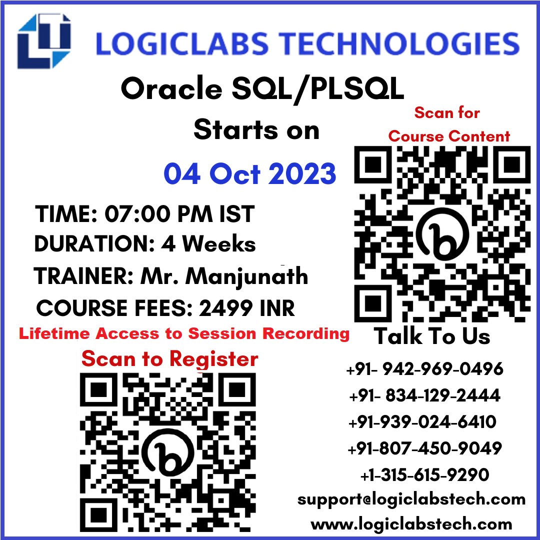 LogicLabsTech's tweet image. WhatsApp Group Link - bitly.ws/VhEg
Zoom Registration Link - bitly.ws/VhEe
Demo On Wednesday, 04 Oct 2023 at 7:00 PM IST, Trainer is Mr. Manjunath
.
.
.
.
.
#oraclesqlplsql #telangana #hyderabad #india #usa #uk #canada #nigeria #australia #singapore #London