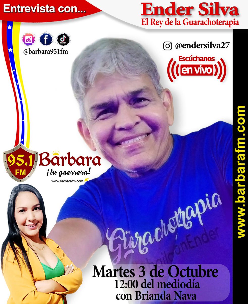 Barbara951FM's tweet photo. Este Martes 3 de Octubre a las 12 del Mediodía tendremos al Rey de la #Guarachoterapia @EnderSilva2710_ no te lo pierdas https://t.co/t4Syg4TcwV o descarga gratis nuestra App Bárbara FM https://t.co/S8dQgSfEZo