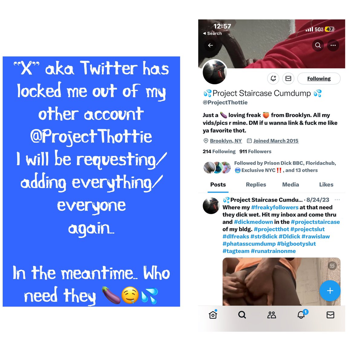 I am back ya “X” is on dey BS! Other page is still up, I am just locked out of it. 

#Projectthottie #Projectslut #Projectthot #Dldick #nycfreaks #dlsneakylink