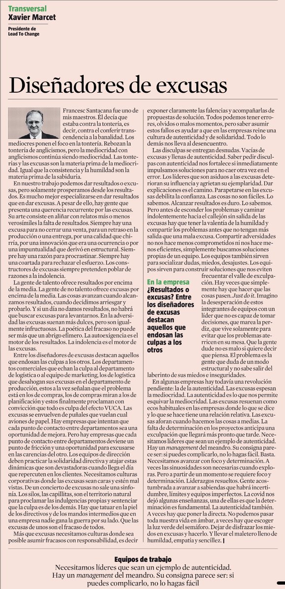 Xavier Marcet (@xaviermarcet) on Twitter photo Diseñadores de excusas
La gente de talento da resultados por encima de la media. La gente de no talento da excusas por encima de la media.
Hoy en <a href="/LaVanguardia/">La Vanguardia</a> Diseñadores de excusas
La gente de talento da resultados por encima de la media. La gente de no talento da excusas por encima de la media.
Hoy en <a href="/LaVanguardia/">La Vanguardia</a>