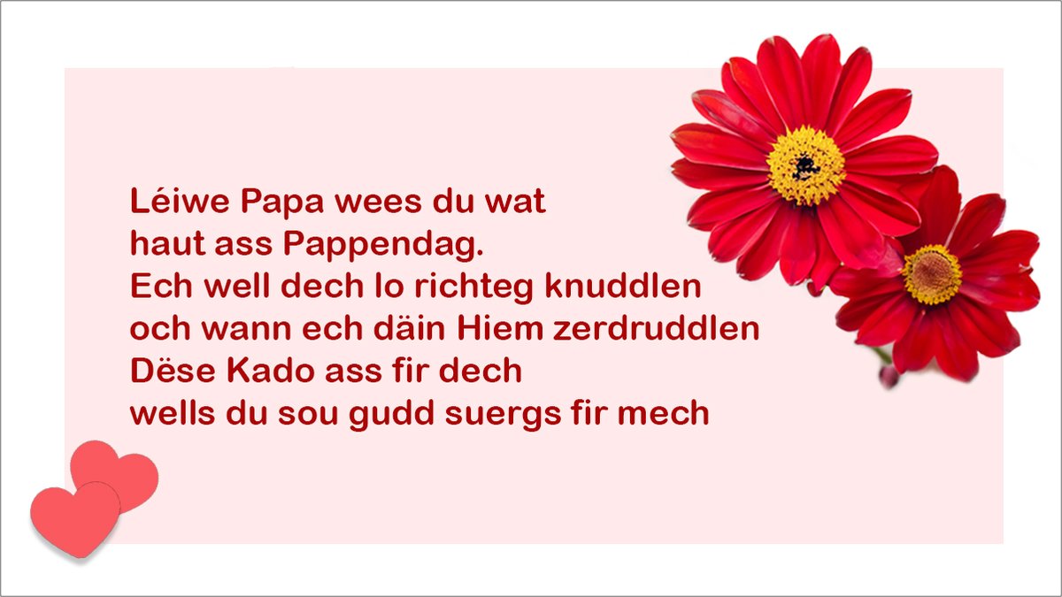 LuxembourgLU's tweet photo. ❤️ De Pappa ass dee Beschten! ❤️
🇬🇧 Fun dad, wise dad, kind dad, strong dad, fair dad, sweet dad, best dad! Thank you to all the dads out there! Today is Fathers’ Day in Luxembourg, so let’s celebrate them and give them an extra special hug.
#pappendag #léiwepappa #ilovemydad ❤️ https://t.co/GlHKlC2jsc