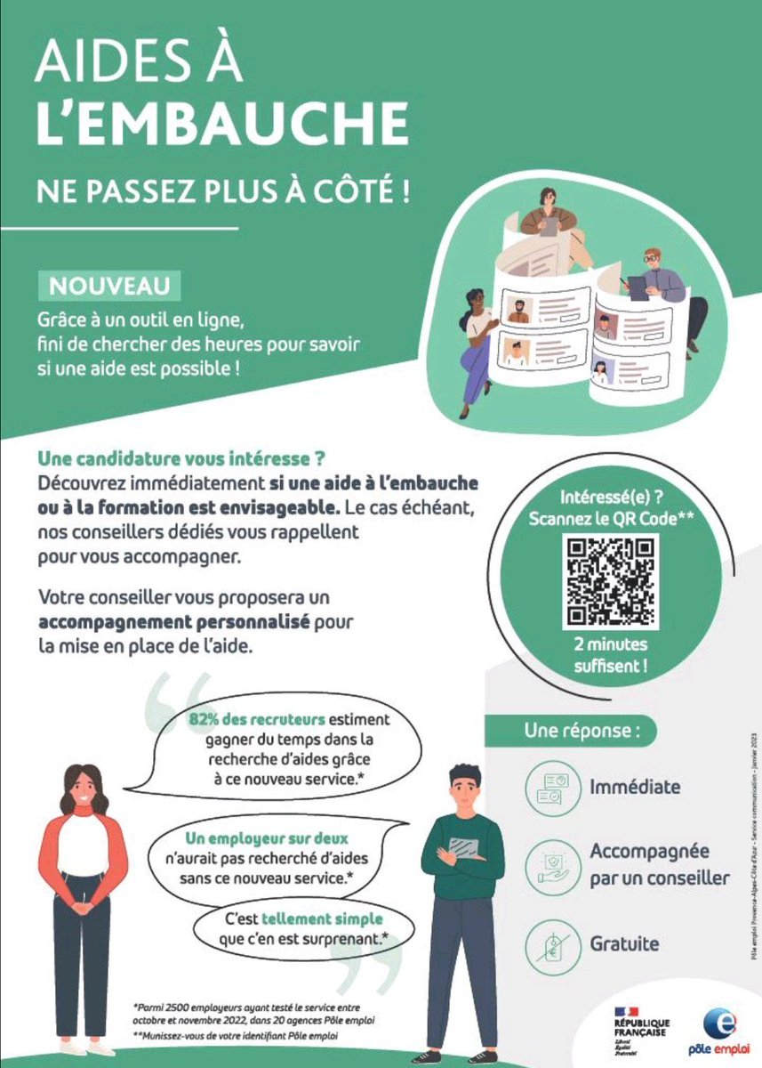 👉Nouveau service de @pole_emploi en direction des #entreprises. Afin qu'elles puissent en qq cliques savoir si elles peuvent bénéficier d' aides pour leurs #recrutements. Si oui, un conseiller vous contact dans les 48H à leur demande.
#AvecPoleEmploi #TousMobilisés