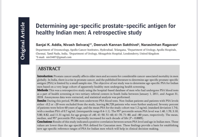 Excellent contribution to Indian anger data determining age specific PSA value in Indian population. Great work Dr Sanjai Addla and team