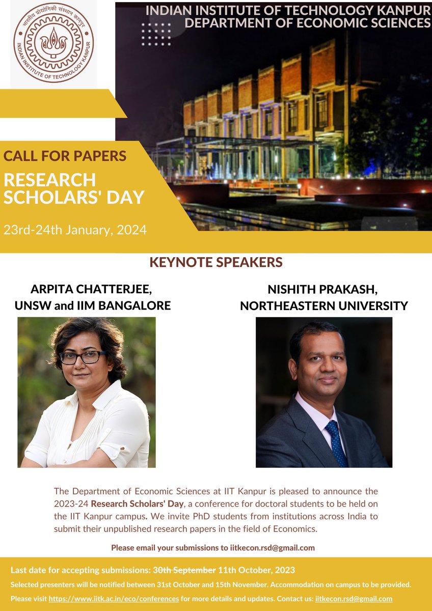 IIT Kanpur Economics (@iitk_econ) on Twitter photo The submission deadline for our Research Scholars' Day has been extended to 11th October. <a href="/Prof_Nishith_P/">Nishith Prakash</a> <a href="/arpchat/">Arpita</a> <a href="/SERI_Network/">Society for Economics Research in India</a> The submission deadline for our Research Scholars' Day has been extended to 11th October. <a href="/Prof_Nishith_P/">Nishith Prakash</a> <a href="/arpchat/">Arpita</a> <a href="/SERI_Network/">Society for Economics Research in India</a>