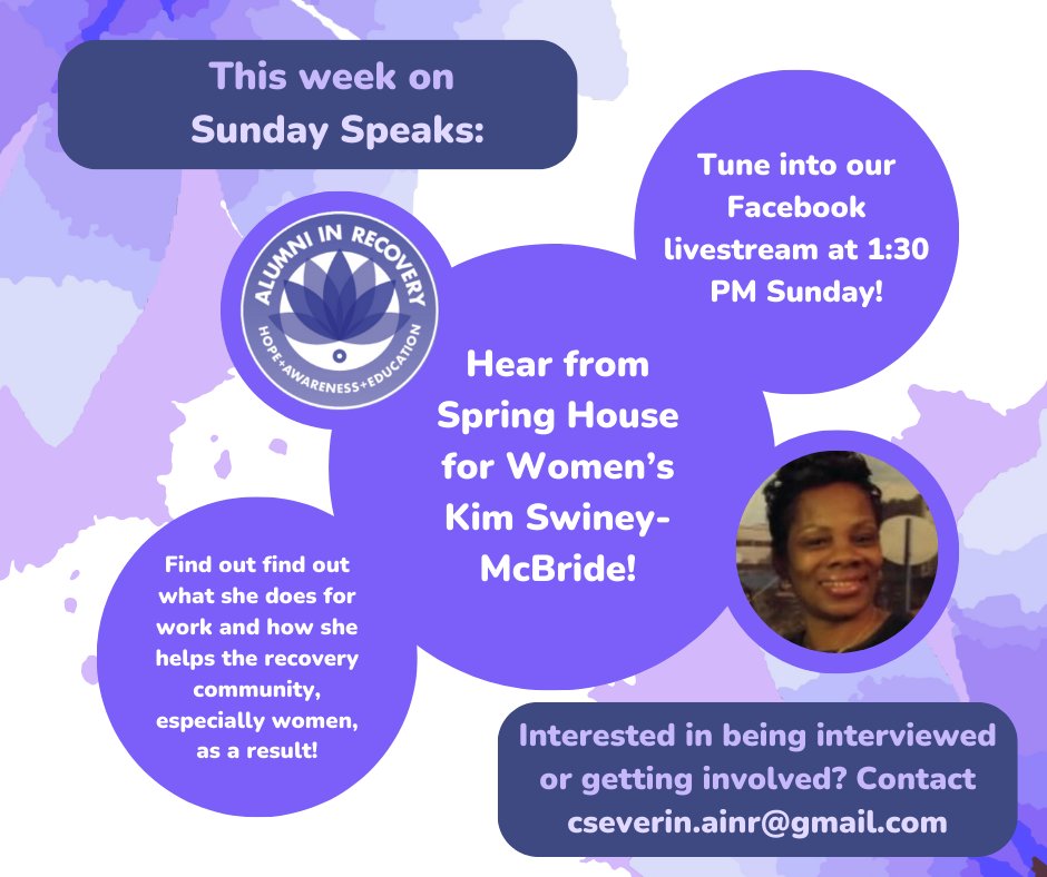 ainrnj's tweet photo. Tune into our Sunday Speaks livestream at 1:30 PM today to find out how Spring House for Women's Kim Swiney-McBride works to assist the recovery community, especially women, through her work! #advocacy #interview #recovery https://t.co/f4ccxgq9Or