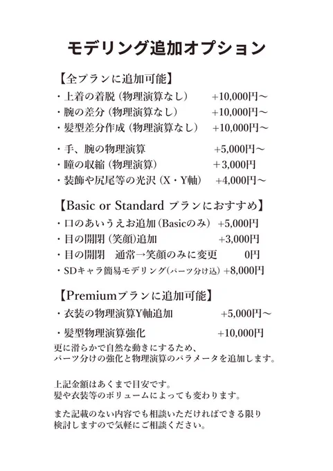 【お仕事】HPの料金表変更しました!ココナラも現在進行中のお見積もりが終わり次第変更します。モデリング追加オプションとFA作成オプションを作成しました。FA作成はココナラの規約に引っかかる可能性があるので、ココナラ以外の依頼でのみ受付にします。 