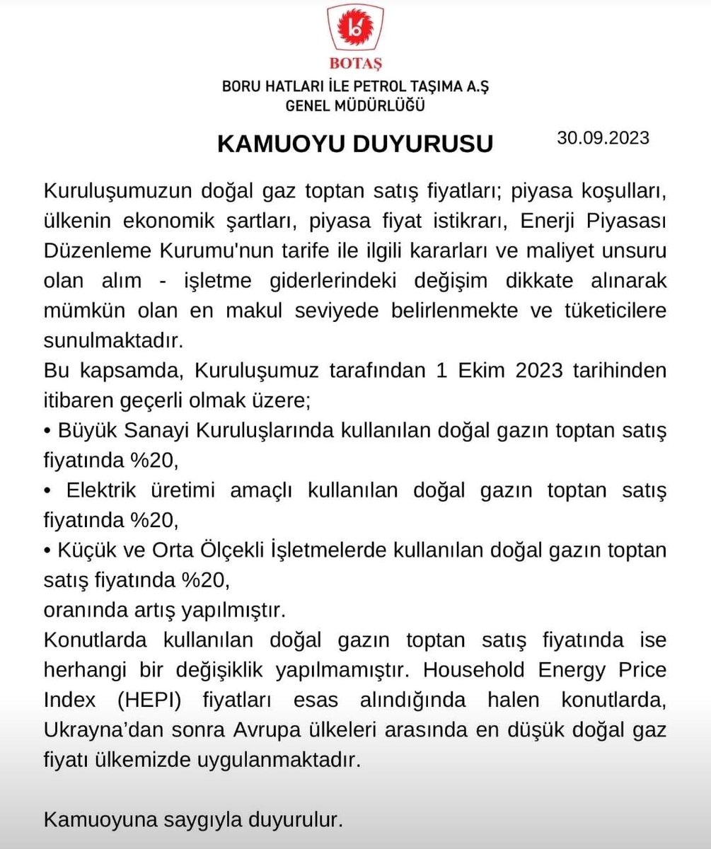 Botaş tarafından doğal gaz tarifelerinde yapılan değişikliklerle ilgili yapılan açıklamayı kamuoyunun dikkatine sunarız. #doğalgazzammı #doğalgaz