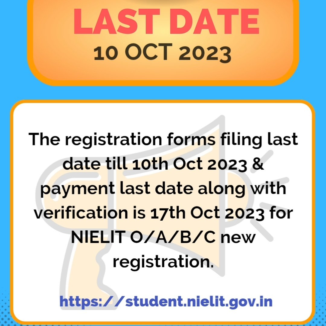 OLevelGuider's tweet image. Public Notice: 
Jan 2024 exam cycle of NIELIT O, A, B &amp;amp; C Level courses registration forms filing last date till 10th Oct 2023 &amp;amp; payment last date along with verification is 17th Oct 2023.
#olevelregistration #olevelform #olevelformlastdate #olevel
Source: student.nielit.gov.in/Index.aspx