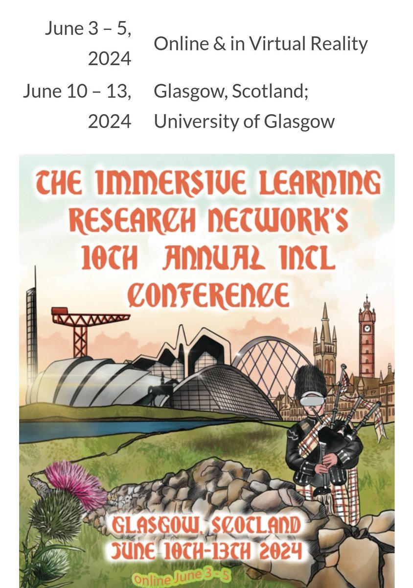As a member of the organisation team alongside <a href="/Lavinia_Hirsu/">Lavinia Hirsu</a> <a href="/UofGEducation/">School of Education</a> <a href="/rmghannam/">Rami Ghannam</a> <a href="/UofGEngineering/">UofG Engineering</a> and more, I am very excited to announce that the #immersivelearning Research Network #iLRN2024 conference will be held <a href="/UofGlasgow/">University of Glasgow</a> in June 2024. Info👇 immersivelrn.org/ilrn2024/call-…