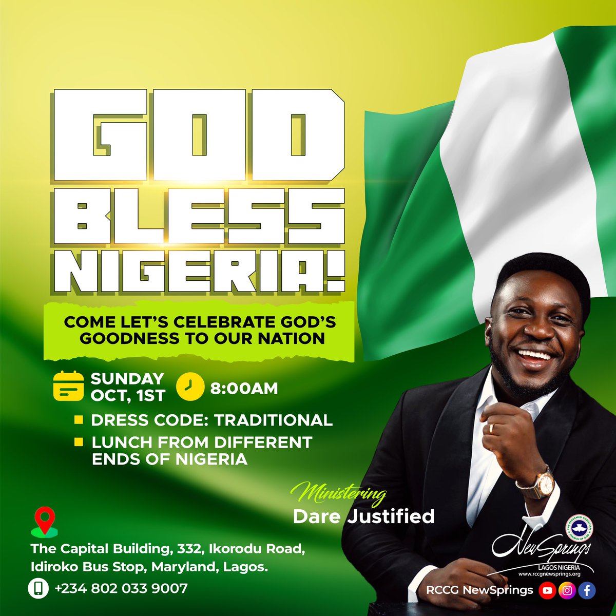 RCCGNewSprings's tweet photo. Join us this morning to thank God for keeping Nigeria, despite the plans of the enemy against her.

https://t.co/GOHu6MCVG4

#NewSprings #SundayService #independenceday2023 #Independence https://t.co/AhiLQNPQce