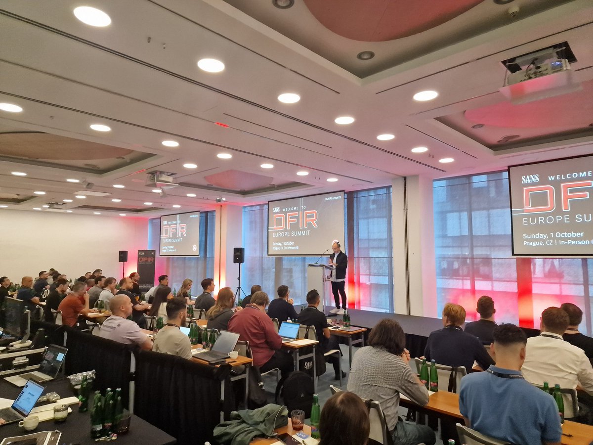 tazwake's tweet photo. Start of the #DFIREurope summit here in Prague. @j3ssgarcia opening to a packed room of keen forensics and IR practitioners. Awesome start to a great @SANSEMEA event. 
#dfir #dfirsummit #infosec #cybersecurity https://t.co/9ik2RHGaLn