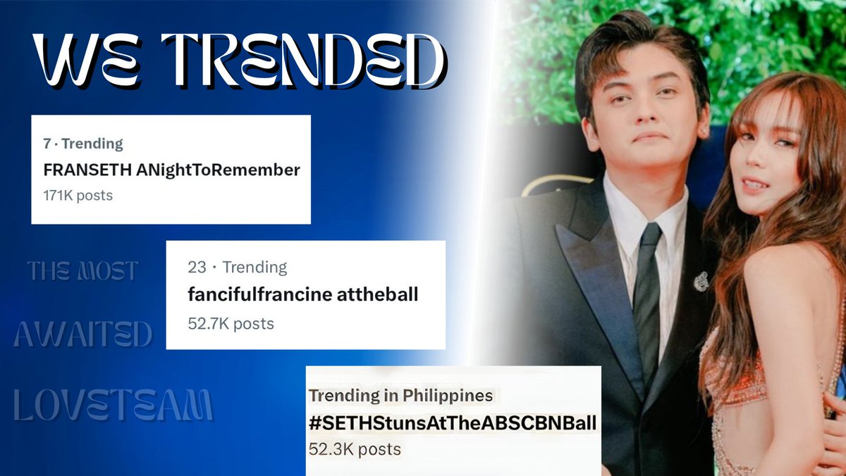 [ WE TRENDED ] 💙💛🎸

Thank you so much Sapphires and Solos for tweeting with us! You guys are amazing! Thank you for lending your time! Happy Sunday!🫰🏻

FRANSETH ANightToRemember
FancifulFRANCINE AtTheBall
#SETHStunsAtTheABSCBNBall
