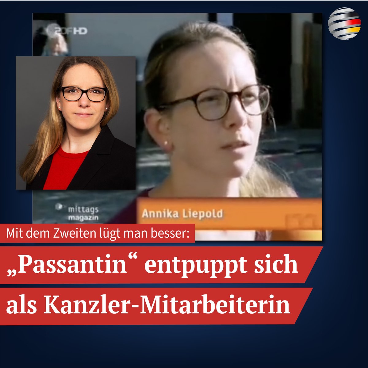 Deu_Kurier's tweet photo. Mit dem Zweiten lügt man besser: „Passantin“ entpuppt sich als Kanzler-Mitarbeiterin

Die „Mainzelmännchen“ haben neuerlich eindrucksvoll unter Beweis gestellt, wie zutreffend der Begriff „Staatsfunk“ ist: In der Sendung vom 29. September befragte das ZDF-Mittagsmagazin bayerische Bürger, welche Themen sie im Landtagswahlkampf für wichtig halten. „Ich mache mir insgesamt um den Klimawandel Sorgen“, äußerte eine als „Annika Liepold“ vorgestellte Frau. Sie betonte: „Deswegen werde ich auch Parteien wählen, die sich dafür einsetzen werden, dass mein Kind, mit dem ich unterwegs bin, auch eine Zukunft haben wird.“

https://t.co/U5mQ5R1S7w