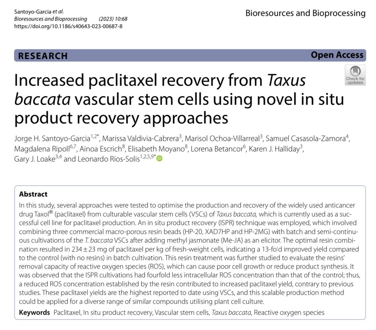 Thrilled about our latest paper led by @jorgesa6: Increased paclitaxel recovery from Taxus baccata vascular stem cells using novel in situ product recovery approaches! 🌿 First time @leorioslab dabbled into plant cell culture! #engbio #plantcellpower …sourcesbioprocessing.springeropen.com/articles/10.11…