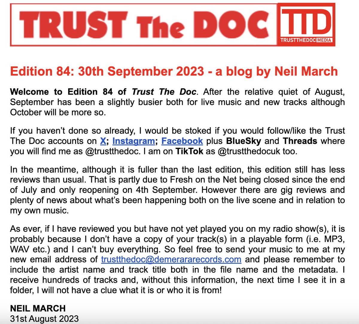 Ed 84 #TrustTheDoc published today ft: - News & Info about new album, gigs etc. - 54 reviews of new releases by grassroots artists covering a multitude of genres - 2 live reviews & closing comments incl: @wuzybambussy #springfield @TheGreatLeslie_ @sixfourzerotwo @foldingdesert..