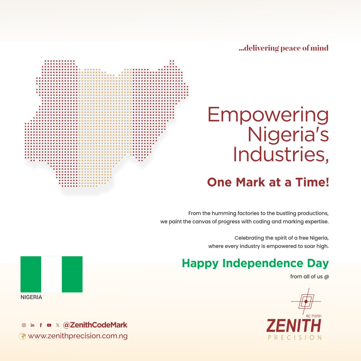 ZenithCodeMark's tweet photo. 🚀✨ Empowering Nigeria's Industries, One Mark at a Time! 🚀✨
On this historic day of independence, Zenith Precision proudly stands as a towering symbol of technological prowess. From the rhythmic hum of factories to the dynamic energy of bustling productions, https://t.co/RjKIokJwUd