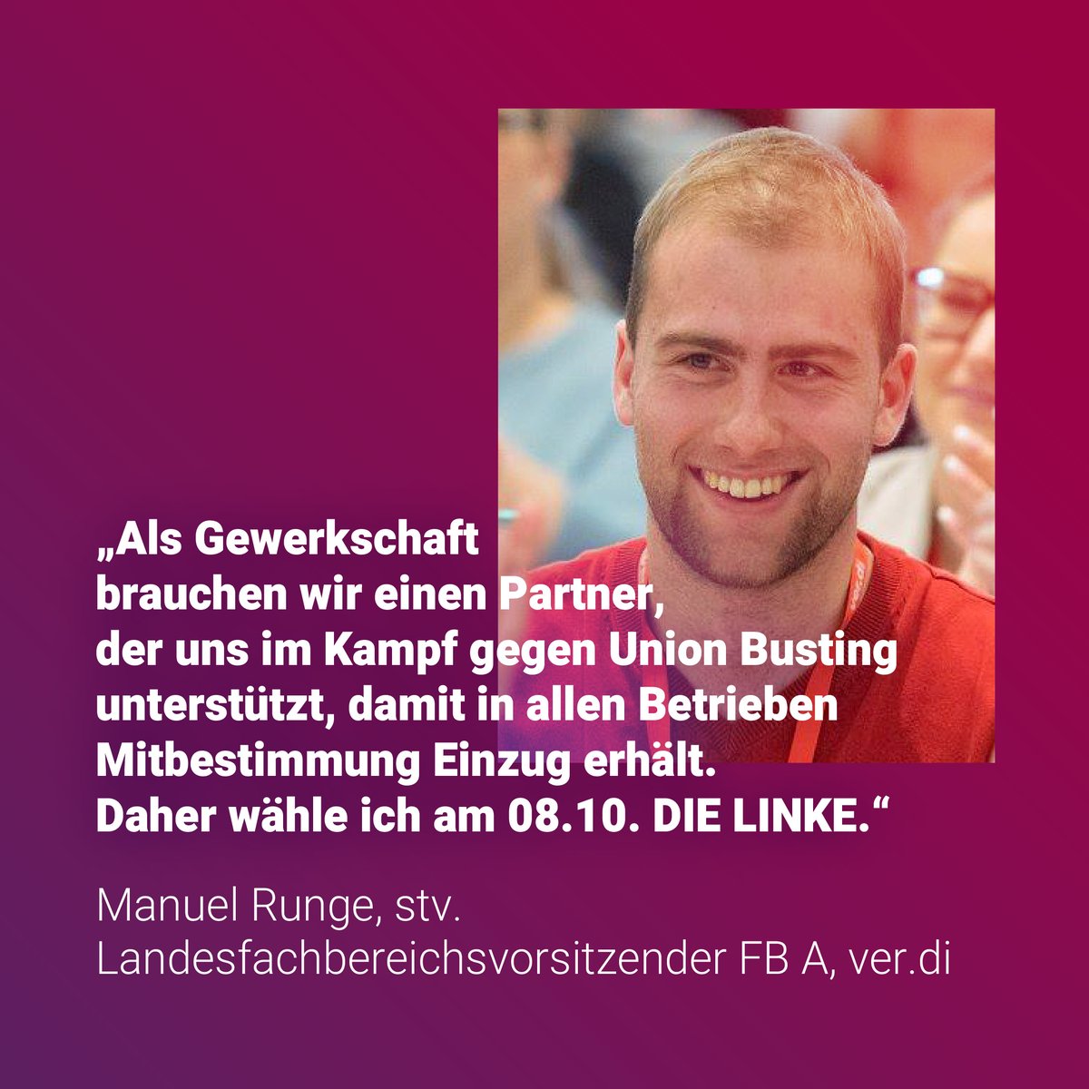 Manuel Runge, Landesfachbereichsleiter FB A #verdi, wählt #DIELINKE, weil wir Partner der #Gewerkschaften sind und uns gemeinsam mit ihnen für mehr #Mitbestimmung in den #Betrieben einsetzen. #ltwby #ltwby23 #BayernsOpposition