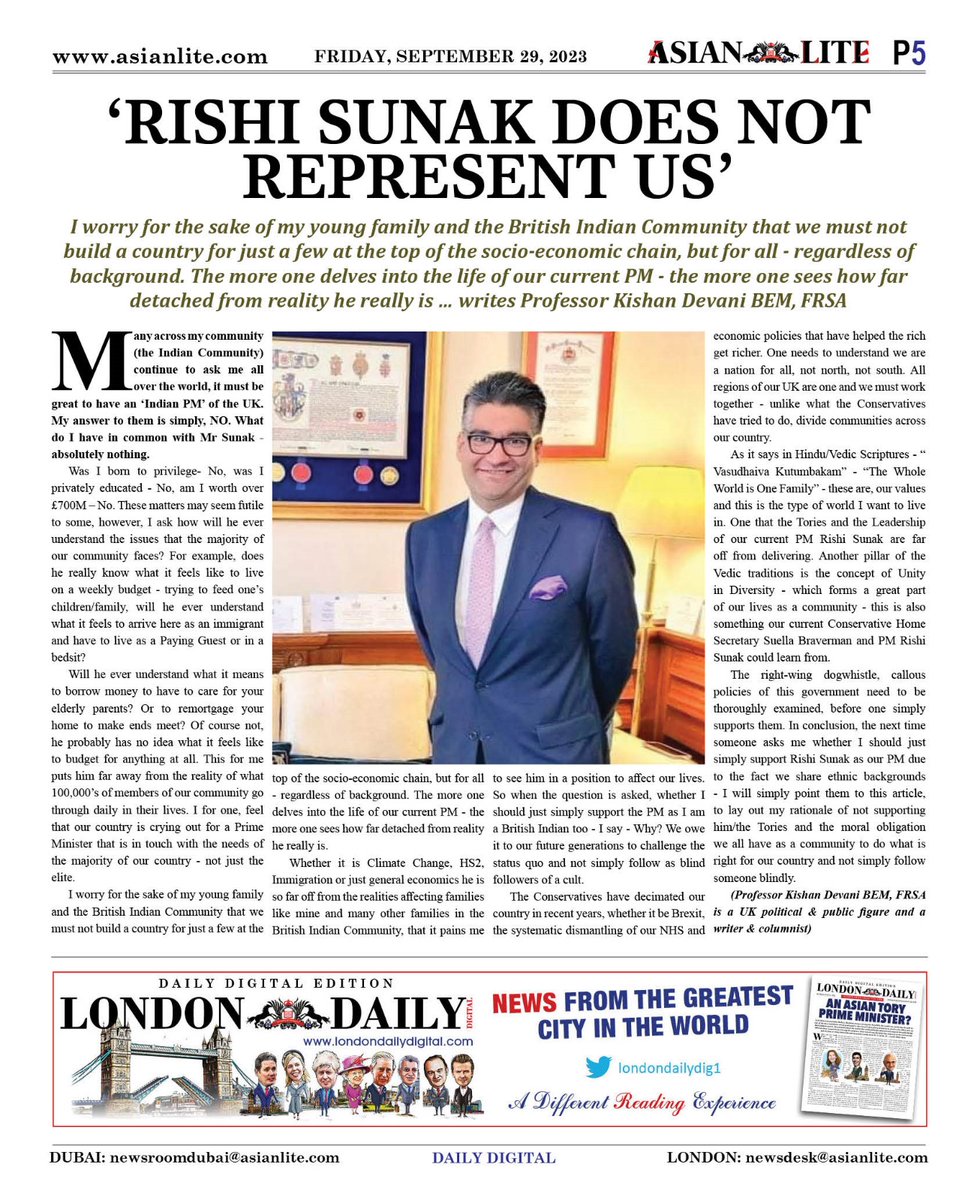 Kishan_Devani's tweet photo. An excellent article in the #AsianLite Newspaper by Prominent British Indian - Professor @Kishan_Devani on why as a #BritishIndian he is not supporting #RishiSunak &amp; the #Tories. Do share on!

https://t.co/ORAcRtP210 https://t.co/dZTmz3WrZf