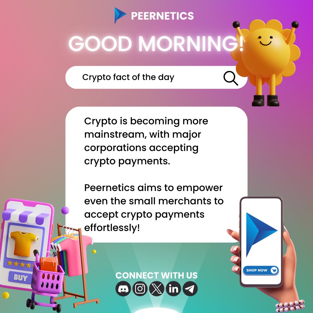 peernetics's tweet photo. 🌞 GM, crypto mainstreamers! 

Major corporations now accept crypto. 
Peernetics empowers the big or smaller merchants to accept crypto payments with ease! 🏪💼 

#CryptoAcceptance #EmpowerMerchants #smallmerchant #cryptopayment #cryptocurrency https://t.co/bFYk5DXbt5