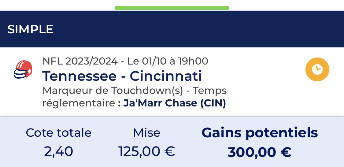 LanimValues's tweet photo. #NFL

📍J. Chase @2.40 (1.25%)

✍️ Même match que le bet précédent. Il monte en volume, dernier match c’est 141 yards. Les Titans c’est 275 yards encaissés dans les airs en moyenne. 

RT/❤️ car l’outfit est sympaaaa

#TeamParieur #ParionsSport https://t.co/w4d11yv44B